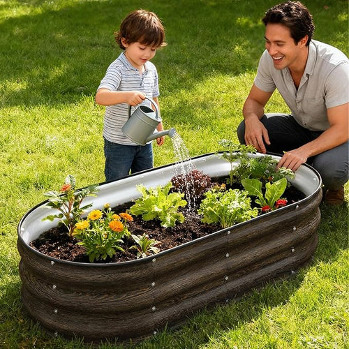 4x2x1FT Galvanized Raised Garden Beds,Raised Garden Bed with Safety Edging and Gloves,Oval Metal Planter Box for Gardening Vegetables Flowers Herb-Classic Walnut