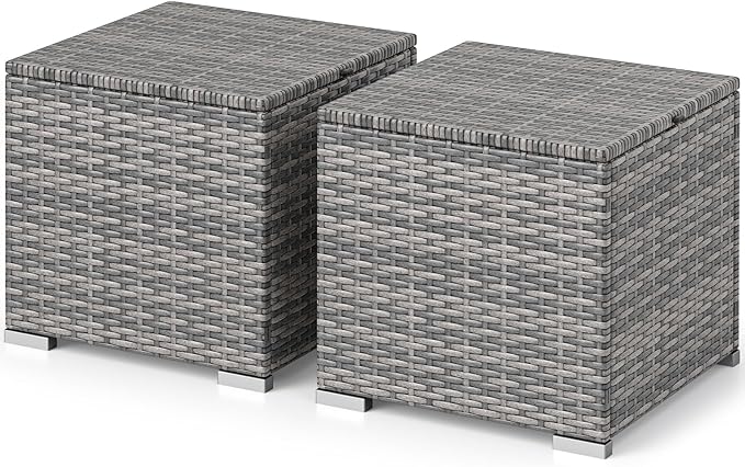 RELAX4LIFE Wicker Outdoor Storage Ottoman - 2-Piece Rattan Footstool w/Removable Cushion, Multipurpose Footrest Foot Stool Seating, Set of 2 Outdoor Ottomans for Patio Deck (Mix Grey-Grey)