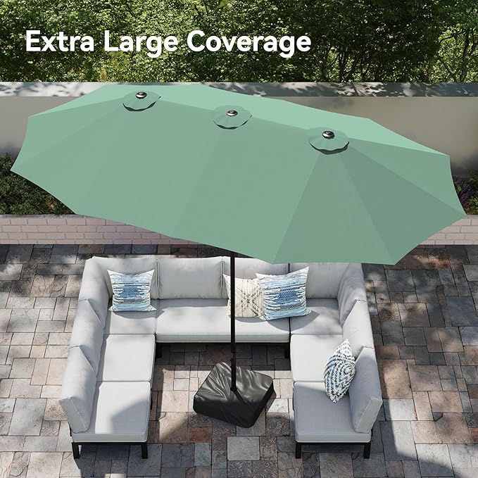 PHI VILLA 15ft Large Patio Umbrellas with Base, Outdoor Double-Sided Rectangle Market Umbrella for Pool Lawn Garden, Mint Green