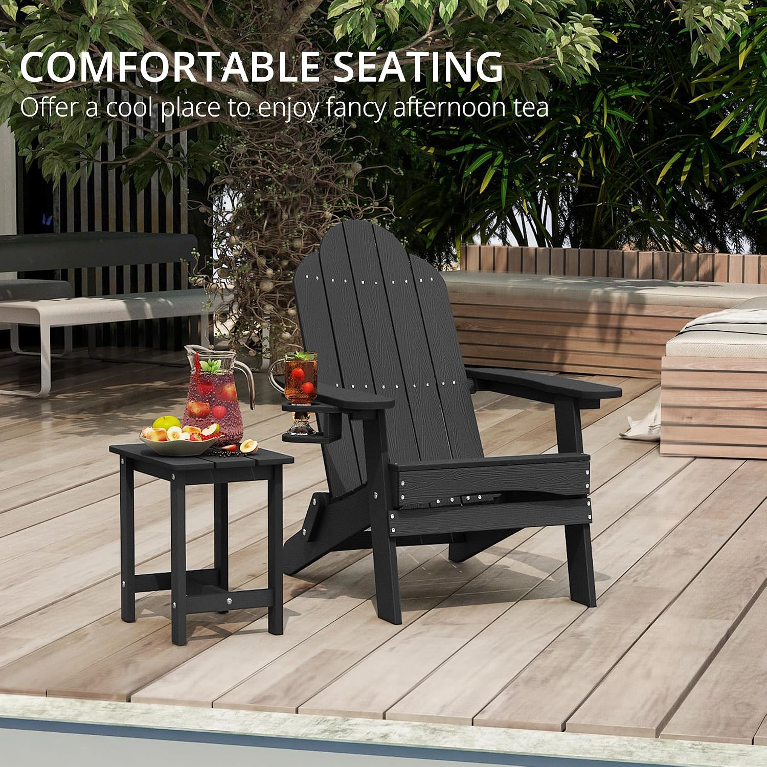 LUE BONA Folding Adirondack Chairs Set of 4, HDPS Fire Pit Chairs, Black | All-weather-resistant, ergonomic curved design, all-day comfortable sitting, HDPS Distinct texture & vibrant rich colors