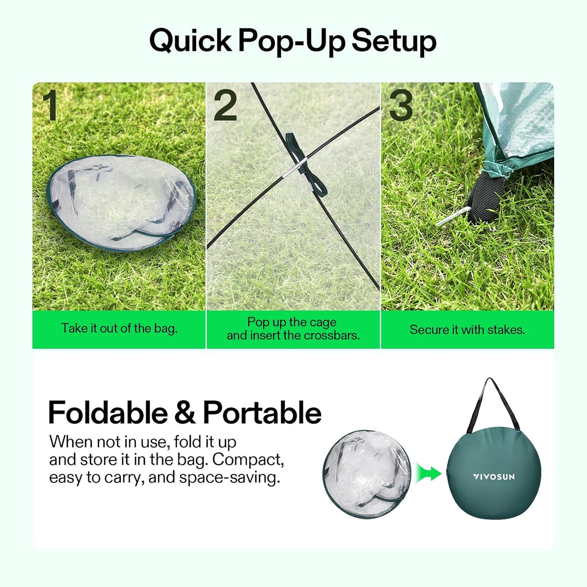 vivosun 39x39x63-inch portable walk-in greenhouse, with pvc cover, side view