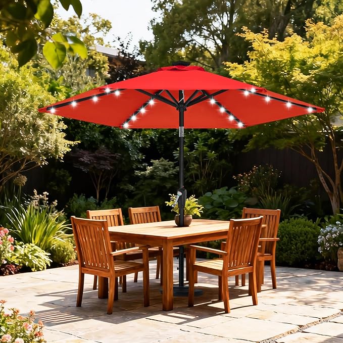 ABCCANOPY Durable Solar Led Patio Umbrellas with 24LED Lights 7.5FT with 6 Sturdy Ribs (Logo Red)