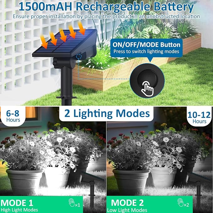 T-SUNUS Christmas Solar Spotlights White 6000K IP65 Waterproof 2-in-1 Outdoor Landscape Spot Lights Garden Light for Flag Tree Yard Driveway Porch Walkway Patio Statue Graveyard Halloween 1 Pack