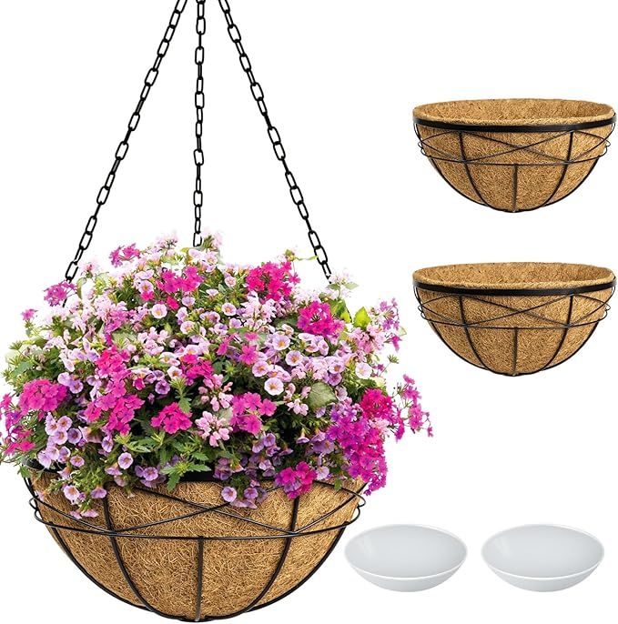 2 Pack 16 Inch Hanging Planters for Outdoor Plants Metal Wire Flower Baskets with Coco Liner & Plastic Saucer Large Deep Hanging Plant Pots for Porch Balcony Garden Décor