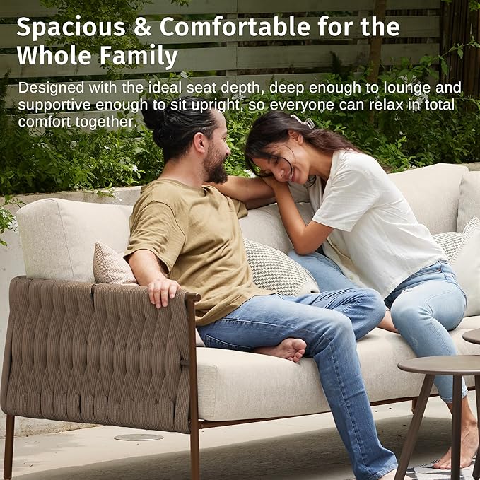East Oak 4-Piece Patio Furniture Set | Life Chatter Outdoor Furniture | Coffee Table & Deep Seating Conversation Set with Thick Cushions | Porch, Balcony & Backyard | Chestnut & Apricot