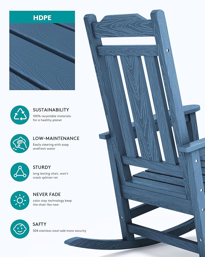 SERWALL Outdoor Rocking Chair Set of 6, Patio Rocking Chair Sets, HDPE Rocking Chair for Adults, Blue