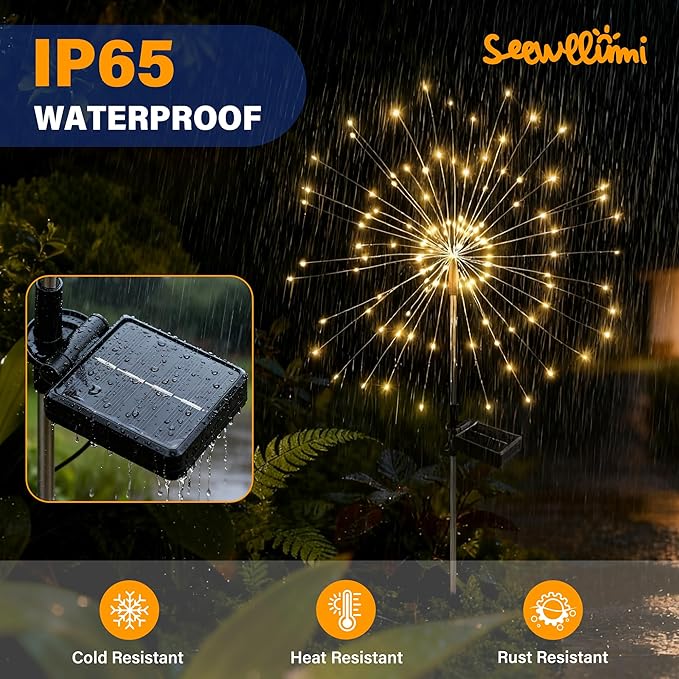 Solar Garden Lights Outdoor Decorative, 4pack 120 LED Firework Lights Waterproof，Solar Fairy Lights for Outside,Garden,Yard, Patio,Pathway,Flowerbed,Party(Warm White)
