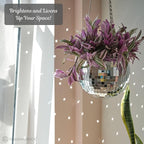 SCANDINORDICA Disco Ball Planter – Value Package: Disco Planter with Chain, Macrame Hanger and Acrylic Stand, Includes Self Watering Insert, Preppy Room Decor, Funky Decor | 8 inch Silver