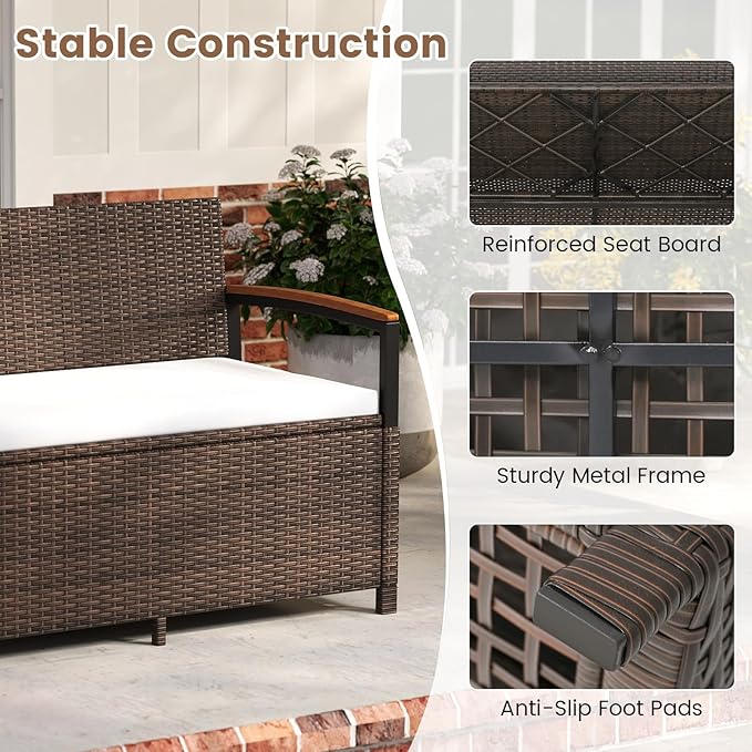 Tangkula 46 Gallon Outdoor Bench with Storage, Outdoor PE Rattan Storage Bench with Cushion, Backrest & Acacia Wood Armrests, Metal Frame, Waterproof Deck Box Seat for Porch Backyard Poolside