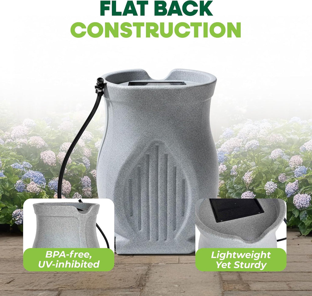 FCMP Outdoor Catalina 45-Gallon Rain Barrel – BPA-Free Flat-Back Design with 3.5 Foot Garden Hose, Shut-Off Thumb Valve, and Fixed Lid (RB-CAT-LTGRNT) Light Granite | BPA-Free Flat-Back Design with 3.5 Foot Garden Hose, Shut-Off Thumb Valve, and Fixed Lid
