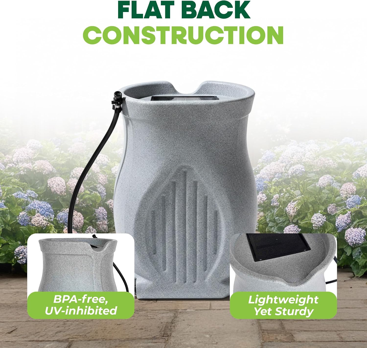 FCMP Outdoor Catalina 45-Gallon Rain Barrel – BPA-Free Flat-Back Design with 3.5 Foot Garden Hose, Shut-Off Thumb Valve, and Fixed Lid (RB-CAT-LTGRNT) Light Granite | BPA-Free Flat-Back Design with 3.5 Foot Garden Hose, Shut-Off Thumb Valve, and Fixed Lid