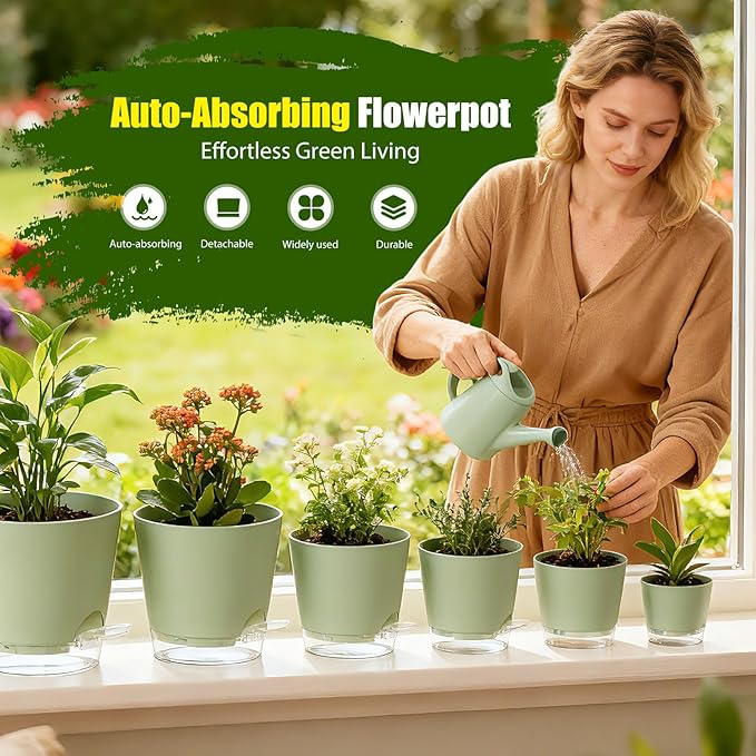 Plant Pots 4/5/5.5/6/6.5/7 Inch Self Watering Pots, 6 Pack Plastic Planters with Drainage Holes and Clear Saucers,Plastic Flower Pots,Nursery Planting Pot for Indoor Out Door Plants (Green)