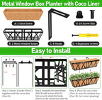 Riare 2 Pack 24 Inch Metal Railing Planter Window Box with Coco Liner- Adjustable Window Flower Boxes for Railings, Hanging Rail Planters for Deck, Balcony, Porch, Fence, Indoor Outdoor Plants