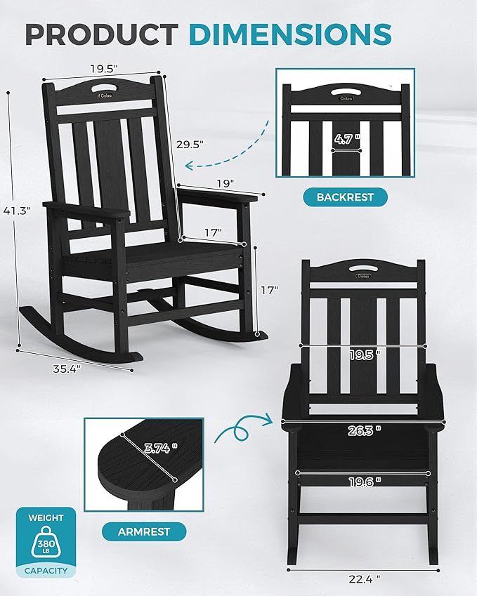 Ciokea Oversized Outdoor Rocking Chairs Set of 3, 380lbs Heavy-Duty Large Patio Rocker, High Back Cozy Porch Chairs, Weather Resistant Patio Rocking Chairs for Outside, Fire Pit, Deck, Black