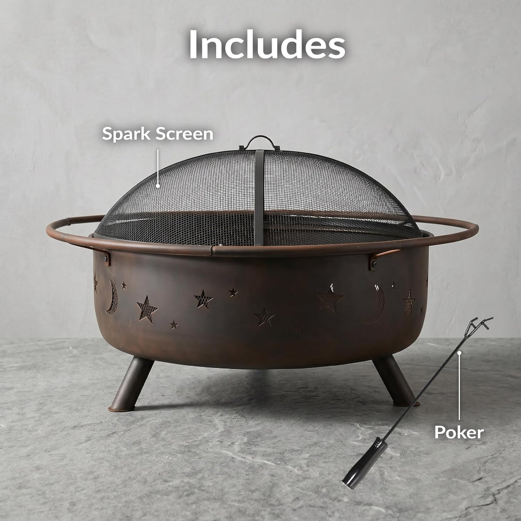 sunnydaze cosmic 42" large fire pit for outside, close-up detail