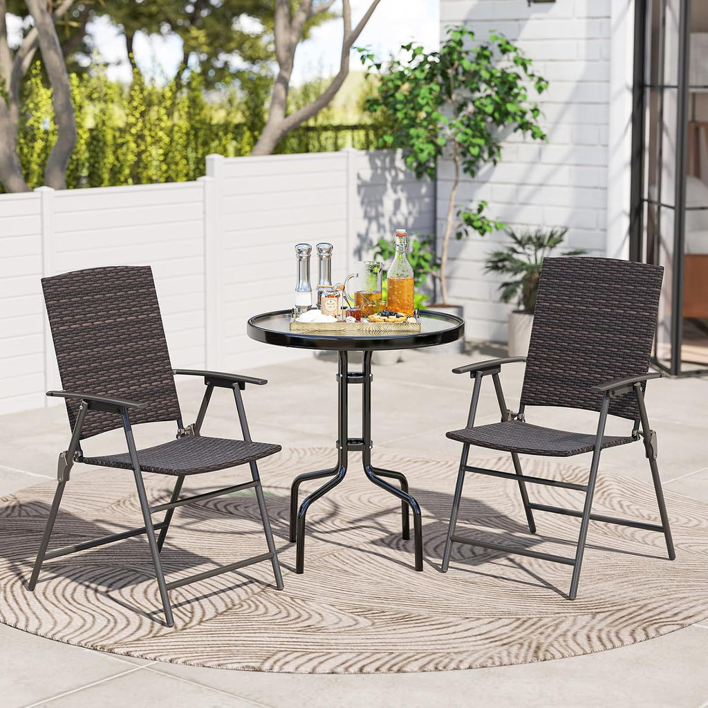 Tangkula Outdoor Folding Chairs Set of 2, Patio PE Wicker Dining Chairs with Armrests and Metal Frame, Portable Lawn Chairs for Garden, Porch, Balcony and Camping, Fully Assembled (1, Mix Brown)