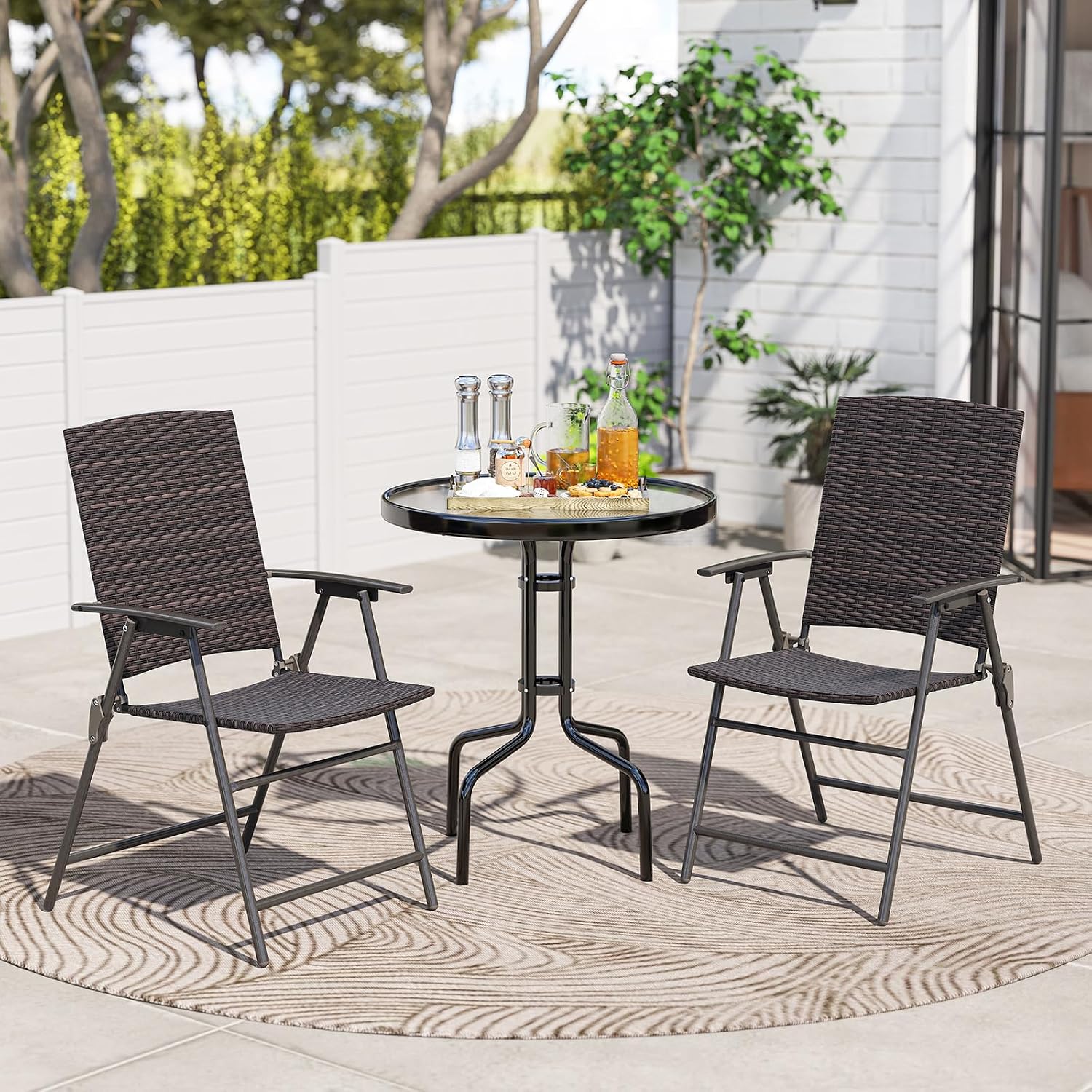 Tangkula Outdoor Folding Chairs Set of 2, Patio PE Wicker Dining Chairs with Armrests and Metal Frame, Portable Lawn Chairs for Garden, Porch, Balcony and Camping, Fully Assembled (1, Mix Brown)