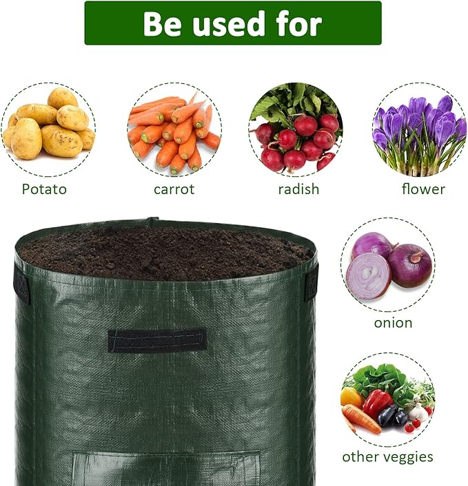 JJGoo Potato Grow Bags, 3 Pack 10 Gallon with Flap and Handles Planter Pots for Onion, Fruits, Tomato, Carrot - Green