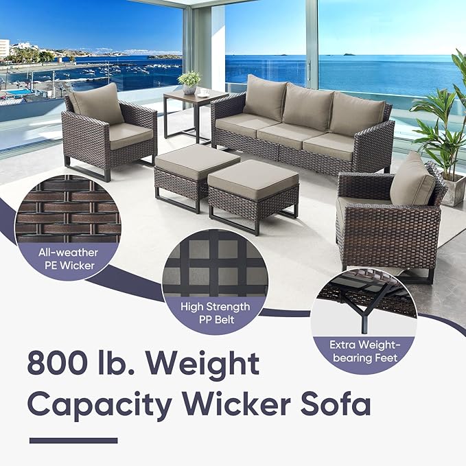 Belord Patio Furniture Set with Fire Pit Table: 9 Pieces Wicker Oversize Patio Conversation Set with Outdoor Swivel Glider Rocker Rattan Couch Ottomans, Anti-Rust Frame, Removable Cushion Grey