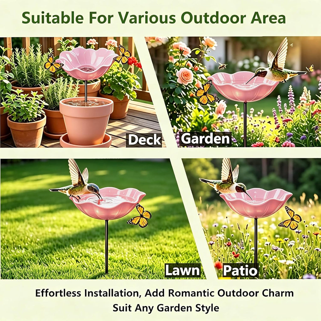 Handmade Metal Flower Garden Stake Bird Bath Bowl Butterfly Feeders,Hummingbird Bath Bee Watering Station for Garden Yard Decorative Garden Stakes (Pink-1pc)