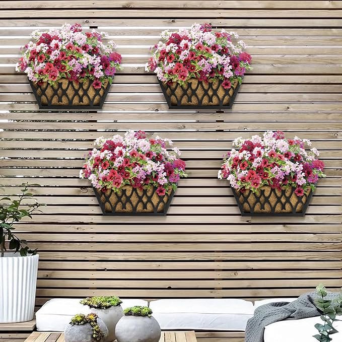 4 Pack 12 Inch Window Boxes Planters Railing Planter Box with Coco Liners Deck Railing Planter Boxes Balcony Hanging Flower Box for Outdoor Plants Garden Decor