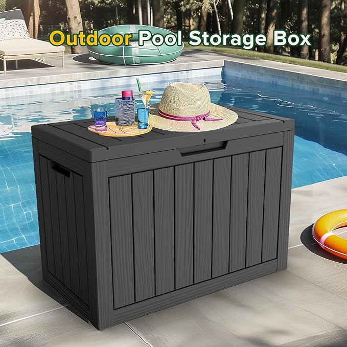 TARKARI 45 Gallon Lockable Resin Deck Box, Waterproof & UV-Resistant Outdoor Storage Box for Outdoor Cushion Storage, Garden Tools & Pool Accessories Storage, Black
