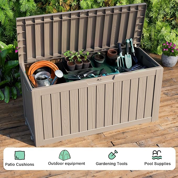 EasyUp 90 Gallon Outdoor Deck Box Waterproof, UV Resistant Resin Outdoor Storage Box for Delivery, Porch, Patio and Garden, Gray