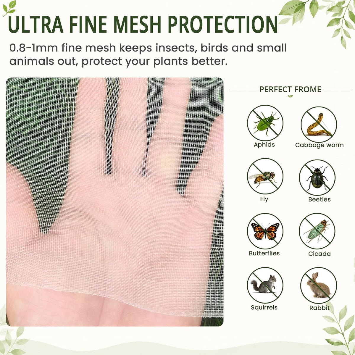 roll packed 5x100ft garden netting, fine mesh insect, close-up detail