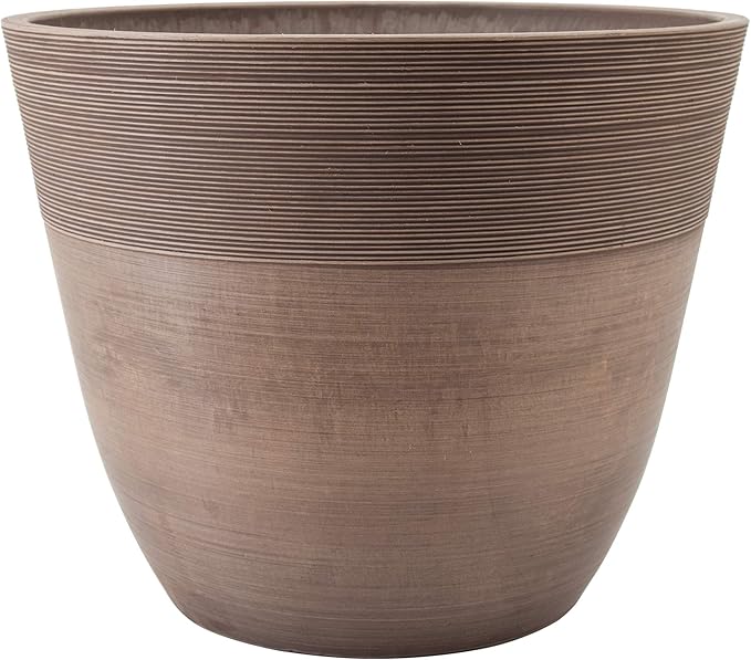 PSW Pot Collection FM35TP 14-inch Plastic/Stone/Wood Composite Large Ribbed Planter – No Drainage Hole (Drillable), Indoor/Outer Garden Pot for Foliage, Trees, Flowers, Ferns, Taupe