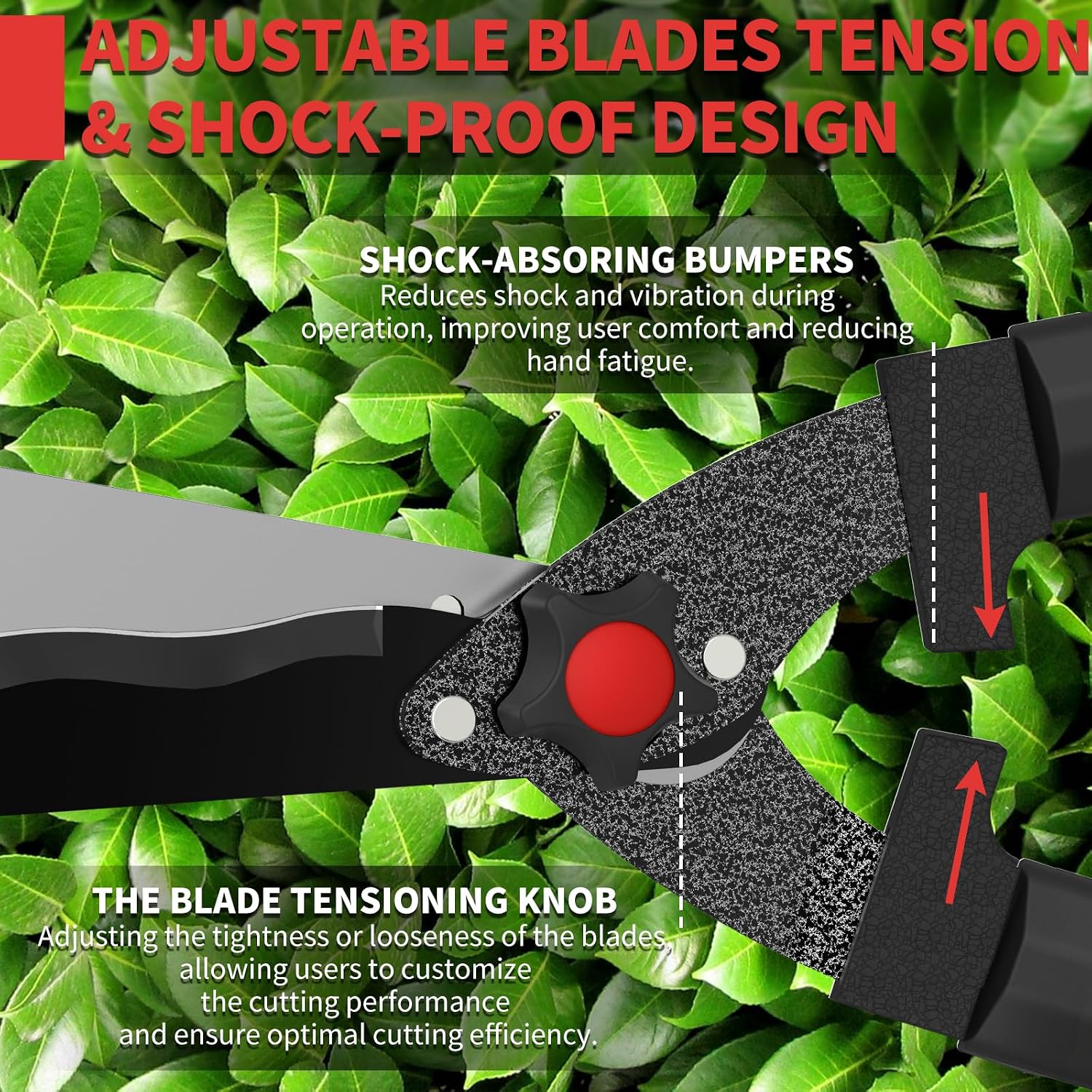 GARTOL 23-Inch Hedge Shears, Manual Garden Clippers with 9" High Carbon Steel Wavy Blade, Heavy Duty Bush Trimmers with Shock-Absorbing Bumpers & Adjustable Tension, Easy-Grip Handles