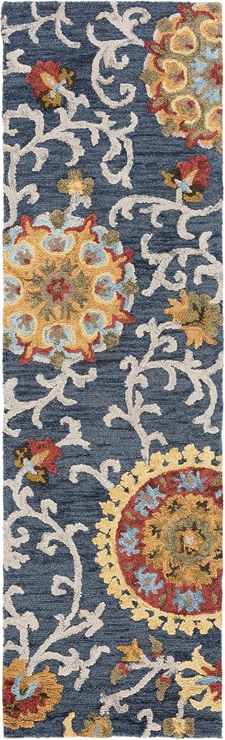 SAFAVIEH Blossom Collection Runner Rug - 2'3" x 6', Navy & Multi, Handmade Wool, Ideal for High Traffic Areas in Living Room, Bedroom (BLM401N)