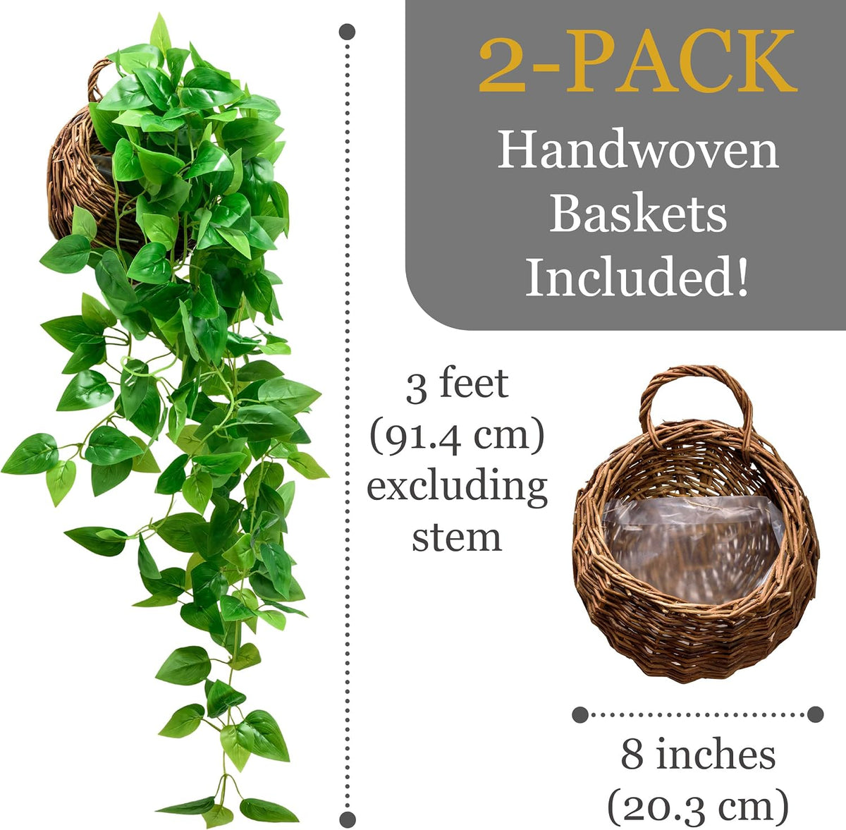 tapeera 2-pack artificial plants (with baskets) - ivy showing dimensions