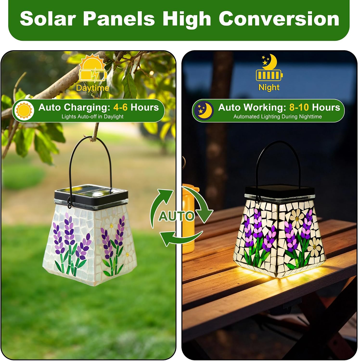 SAVENNA Mosaic Solar Lantern,Handcrafted Glass Outdoor Hanging or Table Lantern,600mAh Long Lasting Garden Light for Patio, Yard & Outdoor Decor– Lavender Pattern
