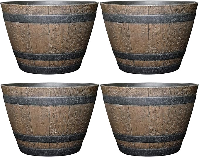 Classic Home and Garden Outdoor Round Whiskey Resin Flower Pot Barrel Planter, Kentucky Walnut Brown, 9" (Pack of 4)