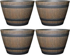 Classic Home and Garden Outdoor Round Whiskey Resin Flower Pot Barrel Planter, Kentucky Walnut Brown, 9" (Pack of 4)