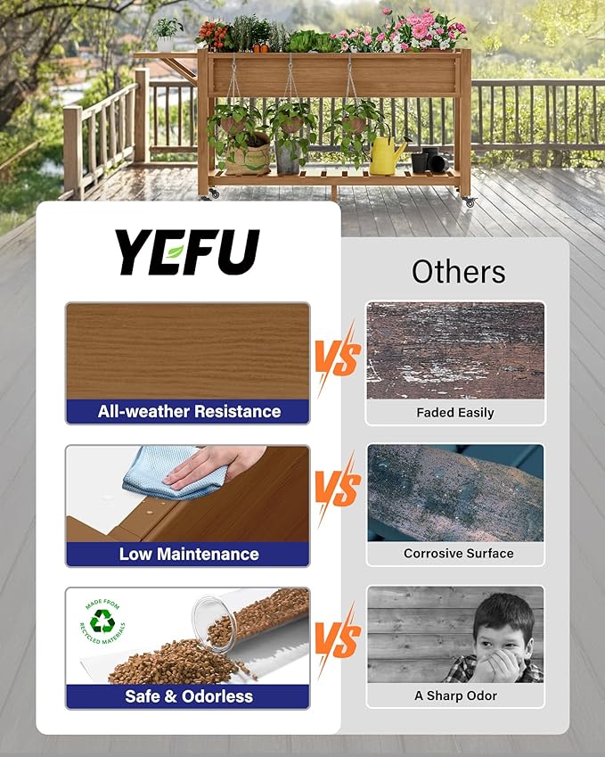 YEFU Raised Garden Bed with Legs: 57x18x30in Elevated Poly Planter with Wheels,Waterproof Mobile Raised Bed Garden, Elevated Planter Box Stand with Storage Shelf,for Herb,Carrot,Tomato (Teak,2pcs)