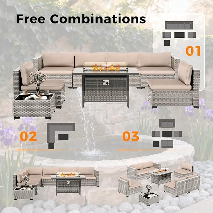 6-Seat Modern Outdoor Wicker Rattan Patio Furniture Set with 55,000 BTU Fire Pit Table, Thick 4″ Cushions, All-Weather Dual-Strand Rattan, Rust-Resistant Steel Frame,Beige