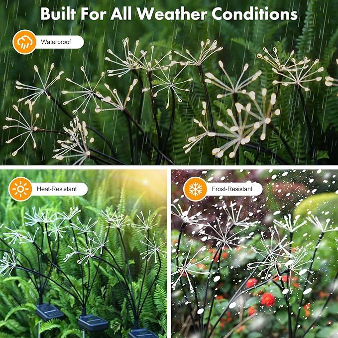 Kwaiffeo Solar Garden Light 4 Pack Outdoor Waterproof Firework Lights with 240 LEDs Twinkling Fairy Solar Lights Outdoor Garden Yard Pathway Decor, Gardening Gifts for Women Mothers Day (Warm White)