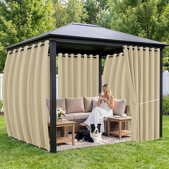 Gazebo Curtains Outdoor Waterproof 6 Panels - Windproof, Privacy, Weatherproof Outside Drapes for Patio Pergola Porch, Grommet Top and Tab Bottom Drape, 110x84 Inch, Cream