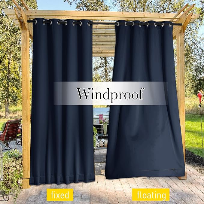 NICETOWN 2 Panels Fixed Outdoor Curtains for Patio Waterproof, Top & Bottom Grommet & Back Tab Windproof Drapes Thermal Insulated Blackout Outdoor Drapes for Gazebo, W52 x L72, Navy Blue, 2 Panels