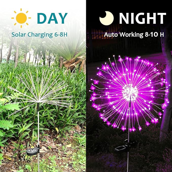 JJGoo Solar Firework Lights, 2 Pack 120 LEDs 2 Lighting Modes Solar Garden Lights Outdoor Waterproof for Yard Patio Walkway Pathway Party Wedding Christmas Decorative - Pink