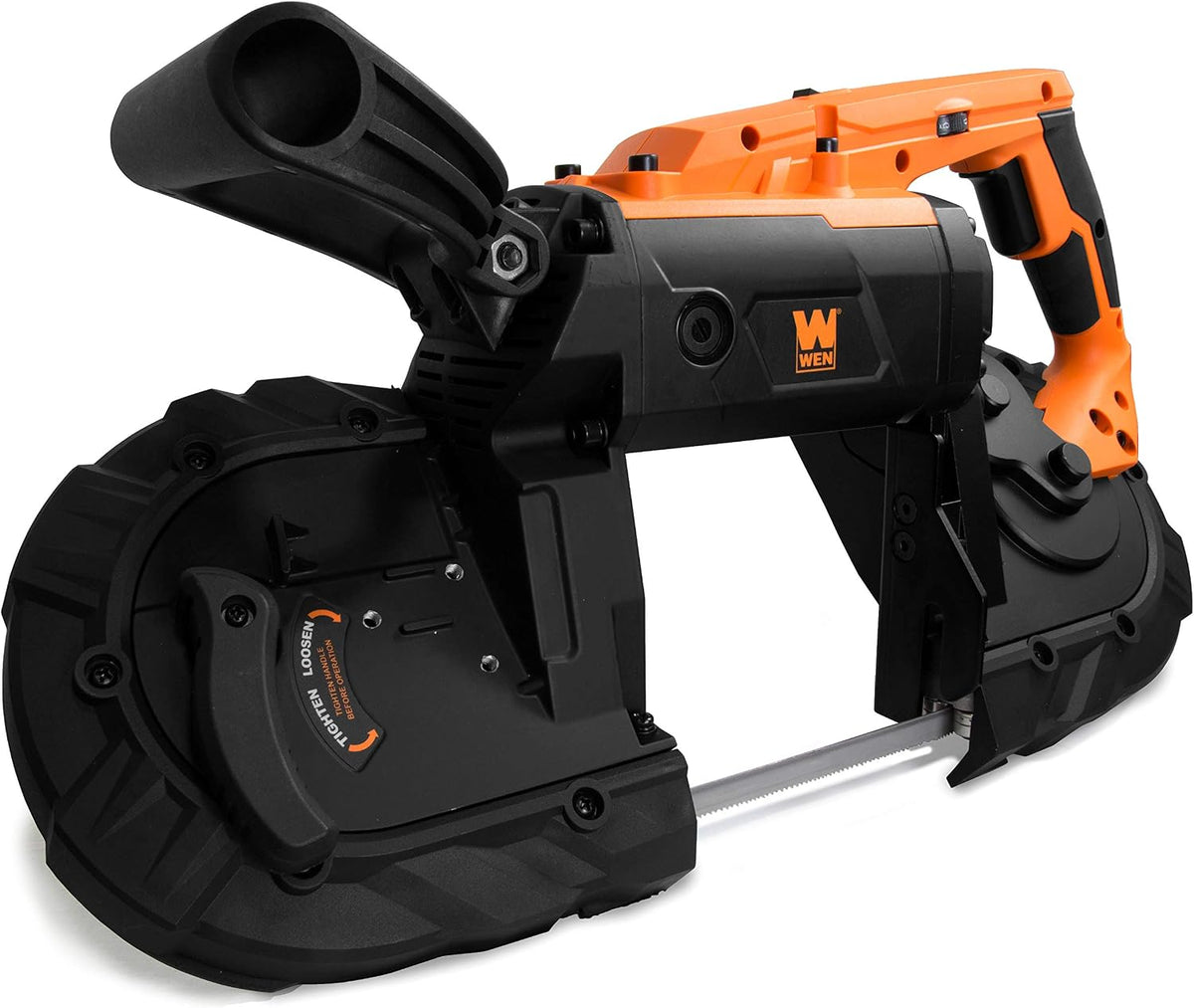 wen portable band saw for metal, 10-amp, variable shown in use
