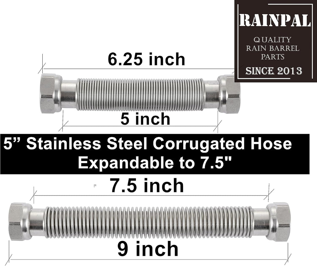RBLSS5 Heavy Duty Stainless Steel Rain Barrel Linking Kit (Two SS304 Bulkhead Fittings and One 5” SS304 Corrugated Hose Expandable to 7.5”) (1)