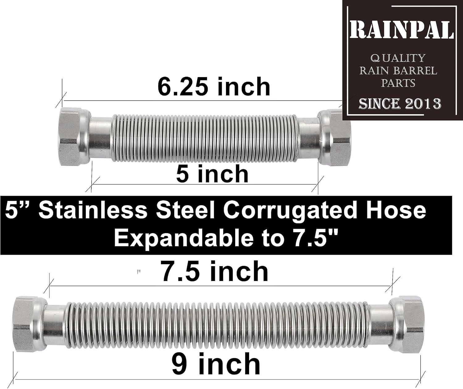 RBLSS5 Heavy Duty Stainless Steel Rain Barrel Linking Kit (Two SS304 Bulkhead Fittings and One 5” SS304 Corrugated Hose Expandable to 7.5”) (1)