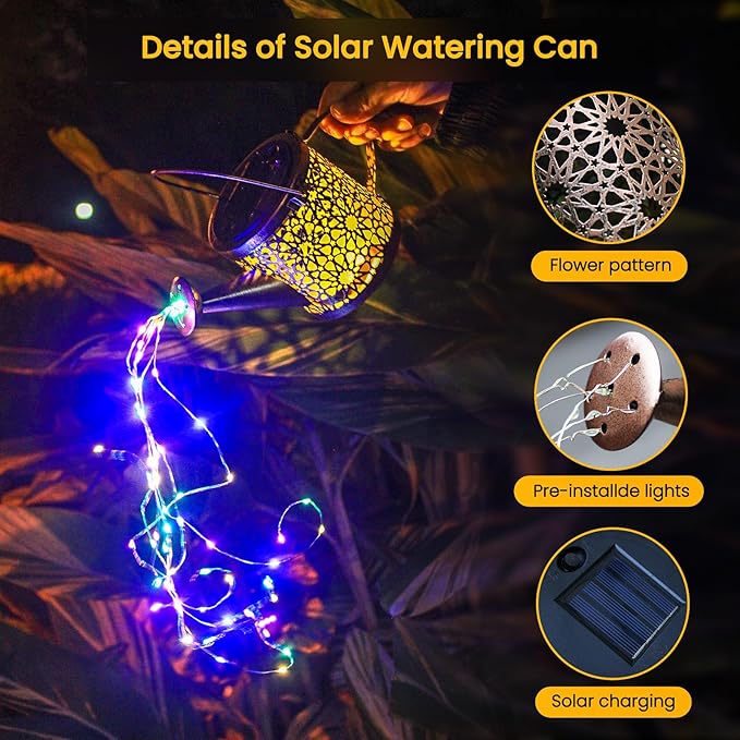Solar Lights Outdoor Decorative, Metal Solar Watering Can Lights Waterproof, Small Hanging Gardening Decor for Yard Outside Patio Lawn, Mother’s Day Gifts, Birthday Gifts for Mom Grandma(Colorful)
