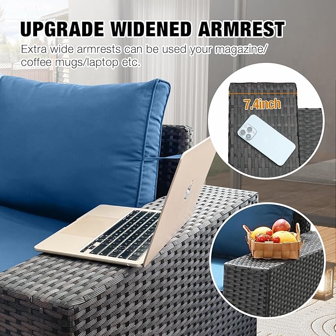 5 Pieces Patio Furniture Set All-Weather Outdoor Wicker Sectional Conversation Sofa Rattan Patio Seating Sofa with Cushion and Glass Table and Ottoman for Porch Poolside,Peacock Blue
