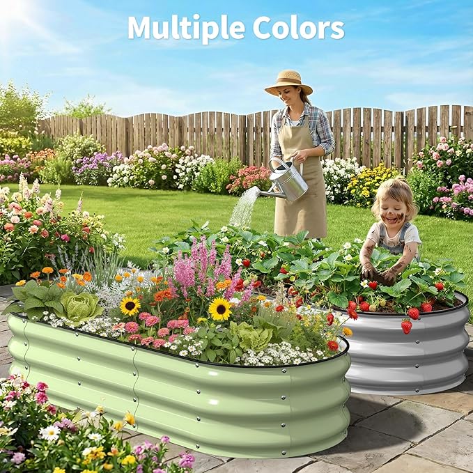 Kesfitt Raised Garden Bed, 5x2x1 FT Galvanized Steel Metal Raised Garden Bed, Oval Open-Bottom Design, 12-Inch Deep for Outdoor Vegetable & Herb Gardening, Fruit Green