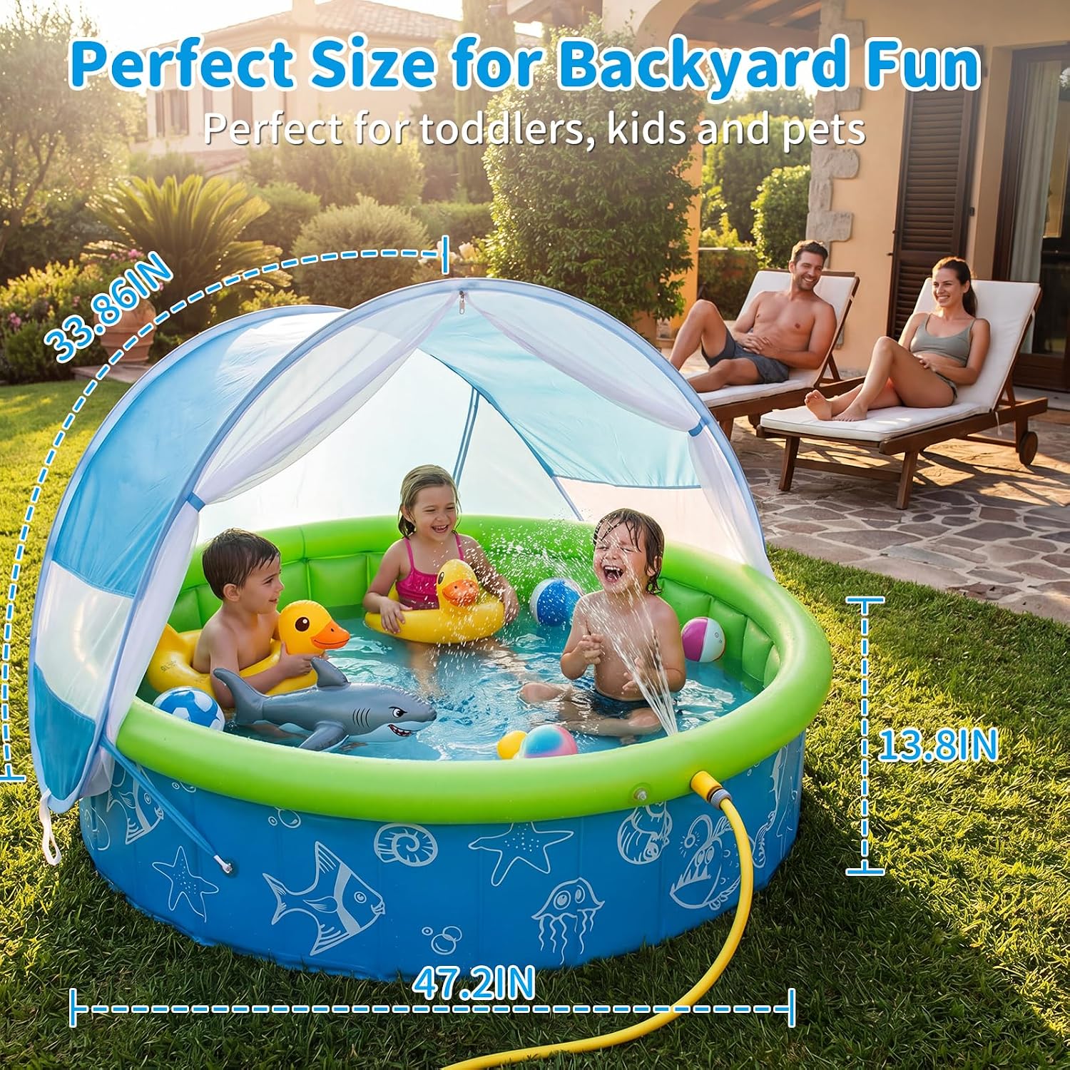 Kids Pool for Toddler, 47in Foldable Kiddie Pool with Canopy & Sprayer | Portable Baby Toddler Pool for Indoor Outdoor, Quick Setup No Tools, Easy Drain Non-Slip Splash Pool for Backyard & Travel
