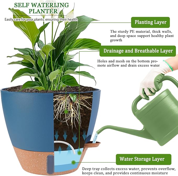 2 Pack 10 inch Plant Pots, Plastic Self Watering Planters with Drainage Holes, Deep Reservoir, Water Level Indicator, Modern Decorative Flower Pots for Indoor Outdoor Plants (Navy Blue, 10 inch)