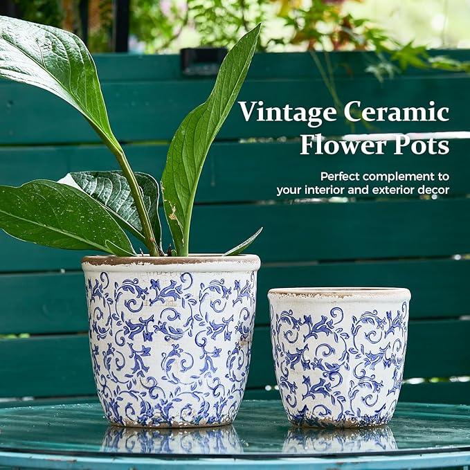 Vintage Ceramic Planter Without Drainage Hole, 6.5 Inch - Indoor/Outdoor Flower Pot for Orchids, Succulents, Blue Floral Rustic Farmhouse Plant Pot for Home, Office & Garden Décor, Ideal Gift